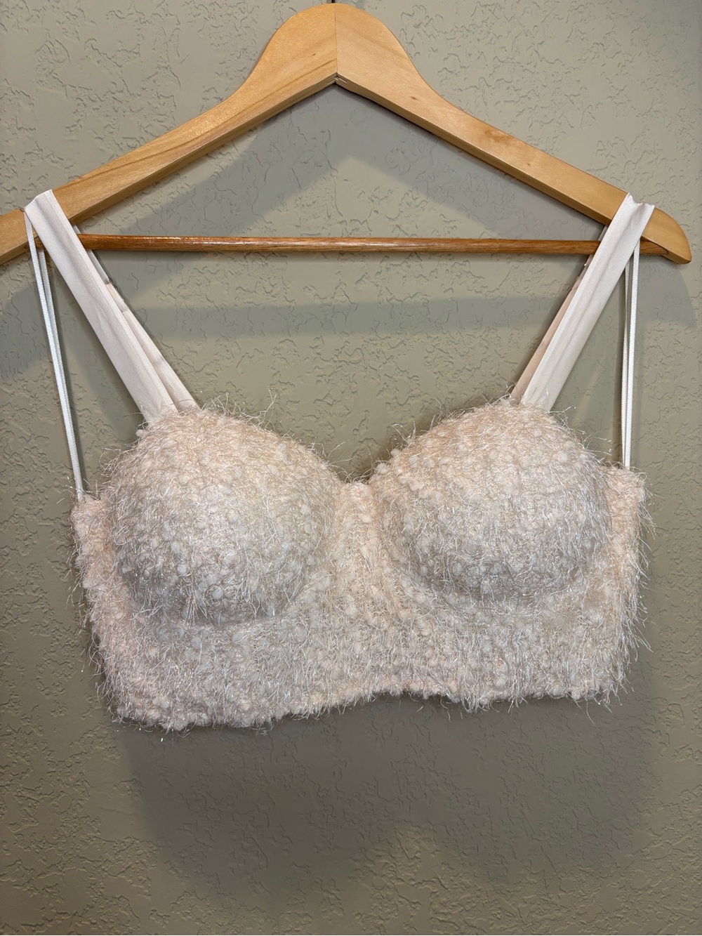 Creamy frayed/textured fuzzy/ satin bustier top from the brand JLUXLABEL.